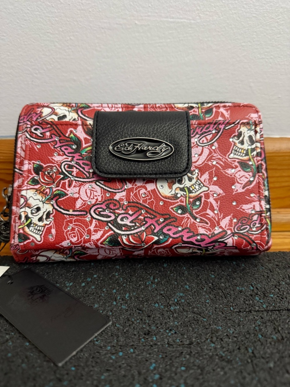 Ed Hardy Skull & Rose Wallet NWT Y2K Rhinestone Zip Around Clutch - Make offer